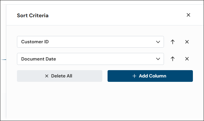 The Sort Criteria pane for a search configuration's results keys.